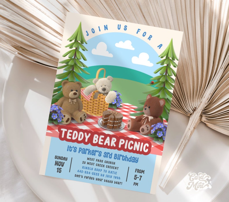 EDITABLE Teddy Bear Picnic Theme Birthday Party Poster Large Etsy
