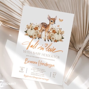 Editable Boho Deer Baby Shower Gender Neutral Pumpkin Orange Fall in Love Autumn Cute Invite Digital Template Woodland Fawn JT1297