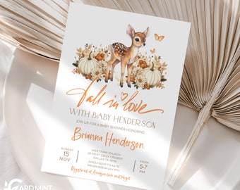 Editable Boho Deer Baby Shower Gender Neutral Pumpkin Orange Fall in Love Autumn Cute Invite Digital Template Woodland Fawn JT1297