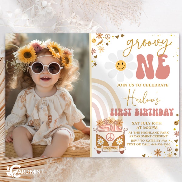 EDITABLE First Birthday Groovy One Birthday Party Photo Invitations 1st Retro Hippy Bus. Daisy Smiley Face Boho 70's Digital Download JT1826