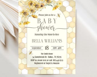 Mom-To-Bee Sunflower and Honeycomb Baby Shower Invitations, Editable Template JT2188