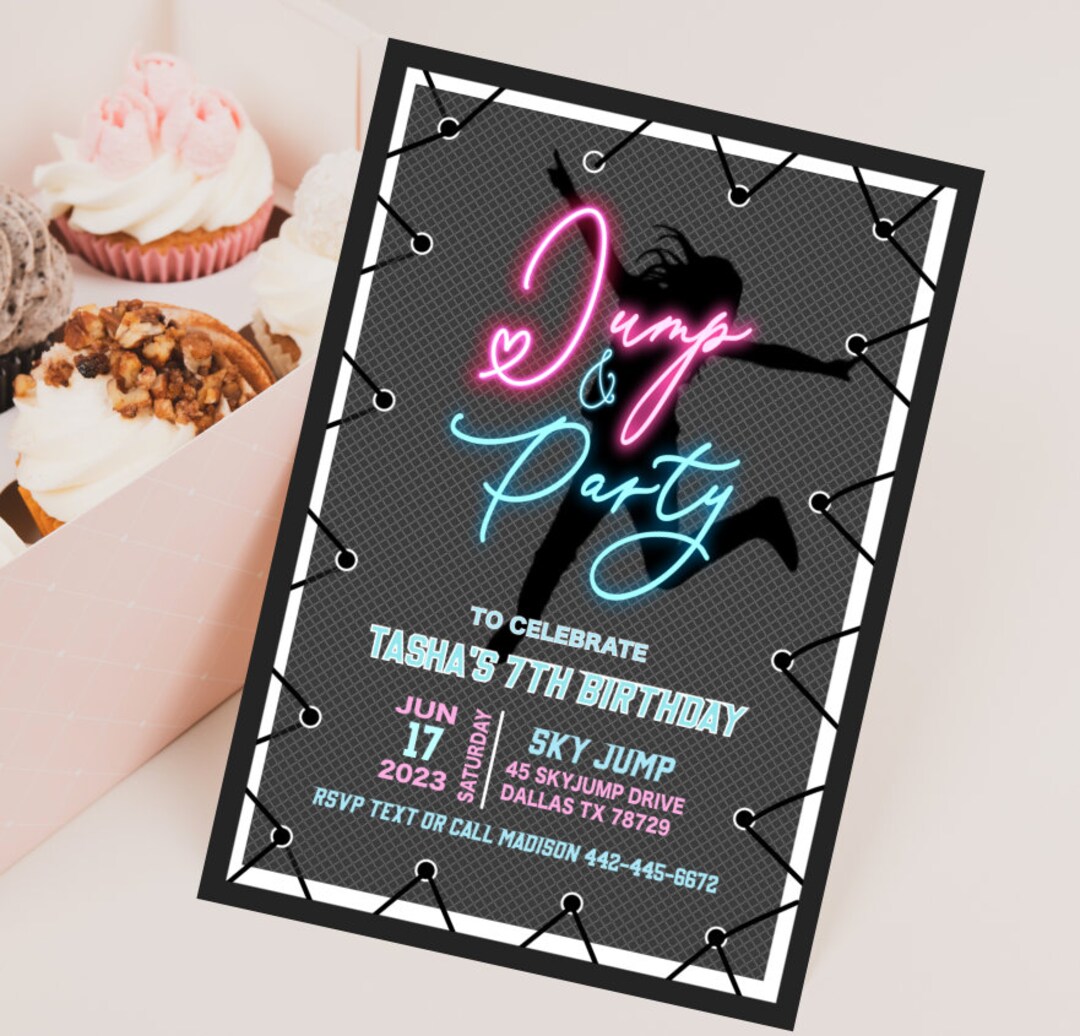 EDITABLE Trampoline Park Jump Birthday Party Glow Neon Invitation, E ...