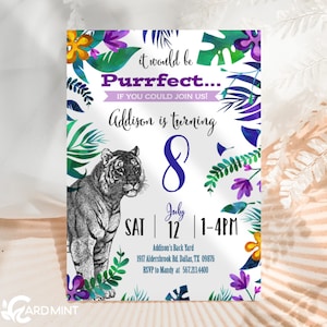 EDITABLE Tiger Birthday Invitations Wild One Zoo, Purple Tropical Leaf Jungle Flowers Boho Digital Template JT0980