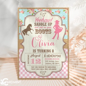 EDITABLE Cowgirl Birthday Invitations, Rustic Shabby Chic Pink Gingham Country Girl Horse Party Digital Invitations Digital Download JT0777