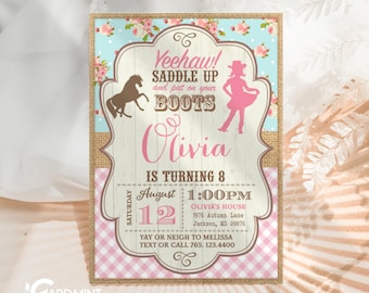 EDITABLE Cowgirl Birthday Invitations, Rustic Shabby Chic Pink Gingham Country Girl Horse Party Digital Invitations Digital Download JT0777