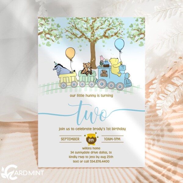 EDITABLE Second Birthday Classic Pooh Bear Train Invitation, Boy 2nd Birthday Invite, Winnie The Pooh Blue Birthday Digital Download JT