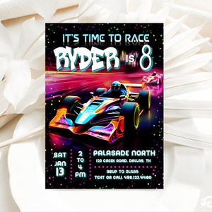 EDITABLE Race Car Birthday Party Invitation, E vite Speed Racing, Fast Neon Glow 10th 8th 9th Sport Boy Tween Party Digital Printable J182