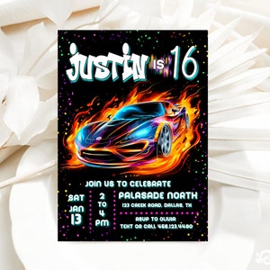 EDITABLE Race Car Birthday Party Invitation, E vite Speed Racing, Fast Neon Glow 10th 8th 9th Sport Boy Tween Party Digital Printable J184