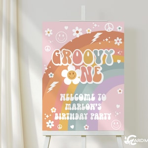 Editable Welcome Sign 1st Birthday Groovy Party Sign, Rainbow Birthday Sign, Groovy One Digital Template Groovy Download SN3122