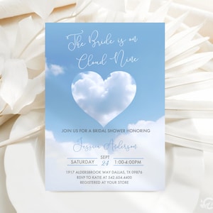 Editable The Bride is on Cloud Nine Bridal Shower Bachelorette Hens Invitations, Dreamy, Wedding Shower Digital Template Download JT2019