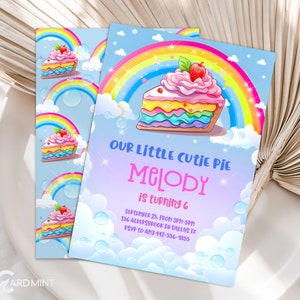 Edytowalne zaproszenie na przyjęcie urodzinowe Rainbow Cutie Pie zaprasza psa Pawty Come Sit Stay Cake Pet Frank 90s Digital Template Cute Girl JP39