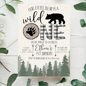 Invito di compleanno Wild One, tema orso rustico, primo compleanno del boscaiolo (modello digitale)
