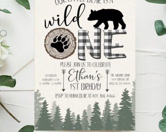 EDITABLE Wild One Boy Birthday Invitations, Our Little Bear 1st Party Wild One Rustic Lumberjack Birthday Invites Digital Template JT2432