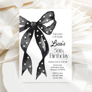 Invito di compleanno modificabile con fiocco nero, nastro acquerello nero con perle, modello di download digitale per qualsiasi età JT1258