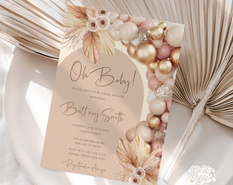 BEWERKBARE baby shower meisje ballon boog uitnodigingen, oh baby, baby shower baby meisje, goud roze bruin tan pampagras digitale sjabloon JT0014