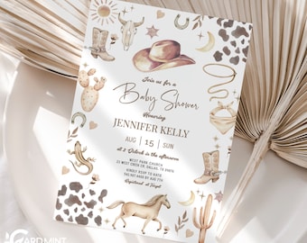 EDITABLE Cowboy or Cowgirl Gender Neutral Baby Shower Invitation, Brown Girl or Boy Beige Western Boots Hat Horse Southwest JT1984