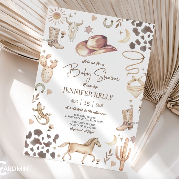 EDITABLE Cowboy or Cowgirl Gender Neutral Baby Shower Invitation, Brown Girl or Boy Beige Western Boots Hat Horse Southwest JT1984