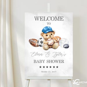 Bearbeitbare Sport Bearly Warten Babyparty Willkommensschild, All-Star Baby Boy Tailgate, Teddybär Poster Sofortiger digitaler Download Vorlage SN1548