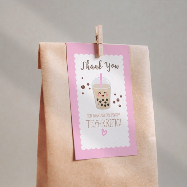 A Little Cu-Tea Thank You Cards, Bubble Tea Party, Birthday, Boba Milk Tea, Kawaii Girl Pink Tea Invite Instant Download