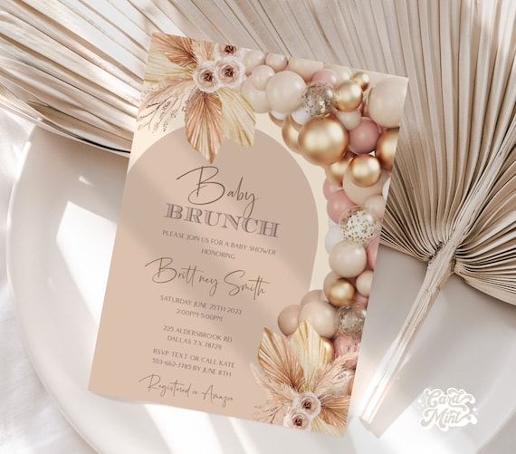 Editable Baby Brunch Girl Pink Balloon Arch Invitations, Baby Shower  Invite, Baby Girl, Pink, Gold, Pampas Grass Digital Download JT0016