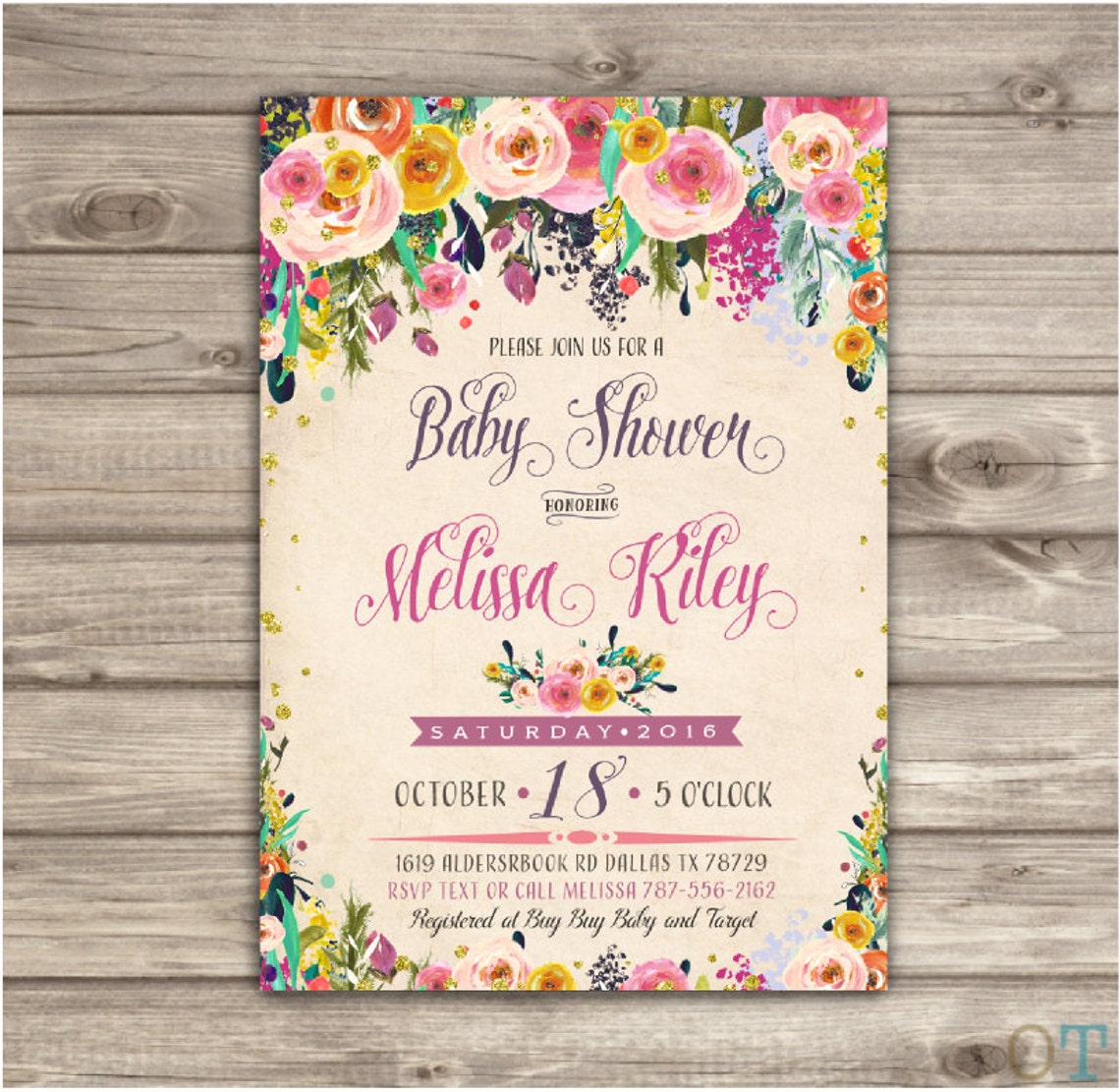 Boho Baby Shower Invitation Its a Girl Pink Flowers Gold Etsy