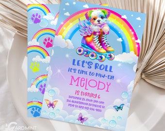 Bewerkbare rolschaatsen puppy verjaardagsuitnodigingen, laten we rollen rolschaatsen feest meisjes neon regenboog gloed jaren 90 stijl JT1242