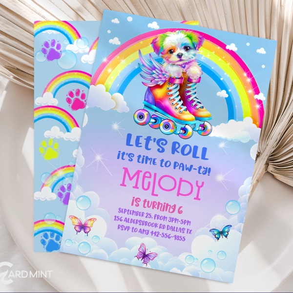 Editable Roller Skating Puppy Birthday Invitations, Let's Roll Roller Skate Party Girls Neon Rainbow Glow 90s Style JT1242
