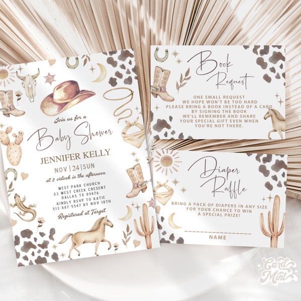 Editable Cowboy or Cowgirl Gender Neutral Baby Shower Invitation SET, Brown Girl or Boy Beige Western Boots Hat Horse Southwest JT1984