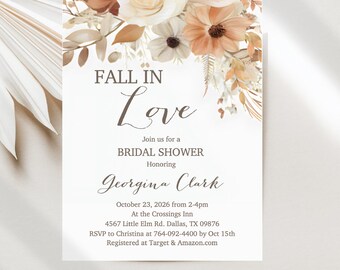 Fall in Love Bridal Shower Invitations, Watercolor Fall Colors Editable Digital Template JT2192