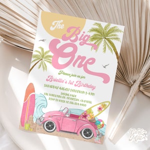 Invitations modifiables pour le premier anniversaire de la plage rose vintage pour le 1er anniversaire, Beach Bum Surfer Ride a Wave en téléchargement numérique modèle JT1210
