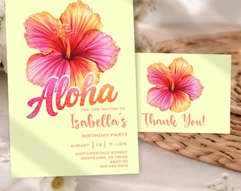 Aloha Birthday Invitation+Thank You Card, Hawaiian Hibiscus Flower, Editable Digital Templates JT2160 set
