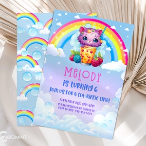 EDITABLE Rainbow Bubble Tea Birthday Party Invitation Kawaii Kitten Invites Cat Pet Frank 90s Digital Template Cute Girl JP31