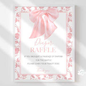 Pink Bow Party Sign, Diaper Raffle Sign, Download Digital Party Decor Table Sign 8x10 Instant Download SN2332
