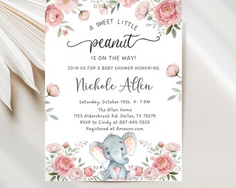 Elephant Baby Shower Invitations, Pink Flowers Editable Digital Template JT2151