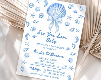 Sea You Soon Baby, Seashell Baby Shower Invitations, Blue Bow, Nautical Coquette Digital Download Template JT1971