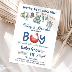 Inviti modificabili per baby shower a tema pesca, "È un maschietto, siamo emozionatissimi", modello digitale a download immediato JT1436 con design a tema pesca