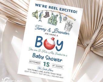 Invitaciones editables para baby shower de pesca. ¡Es un niño! ¡Estamos muy emocionados! Plantilla digital de diseño de pesca (descarga instantánea, JT1436)