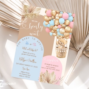 Inviti modificabili Bearly Wait Theme Gender Reveal Arch stampabili Teddy Bear Baby Shower Hot Air Balloons Invite, Boy Girl Digital JT41