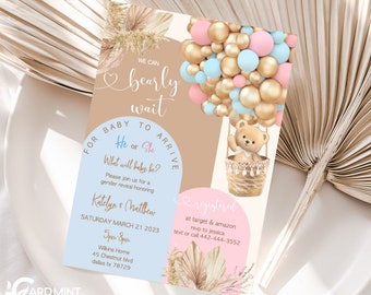 Editable Bearly Wait Theme Gender Reveal Arch Invitations Printable Teddy Bear Baby Shower Hot Air Balloons Invite, Boy Girl  Digital JT41
