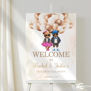 Signo de bienvenida EDITABLE Cool Bears, osito de peluche y globos, señal de entrada Revelación de género, Plantilla digital 18x24 Vintage 50's Bears SN122