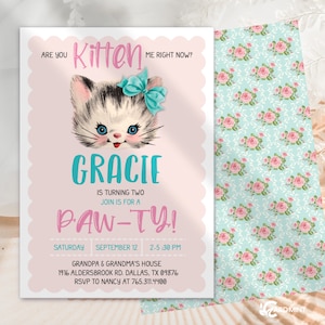 EDITIERBARE Kätzchen Geburtstagseinladungen, rustikale Shabby Chic rosa Vintage Kitty Party, kleine Mädchen Einladungen digitaler Download JT2614