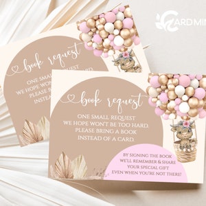 EDITABLE Highland Cow Baby Shower Book Request Cards, Build Baby's Library, Pink Arch Hot Air Balloon Self Edit Template BR157