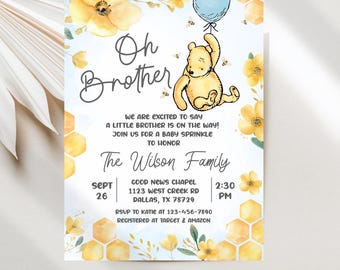 Winnie the Pooh Baby Sprinkle Invitations, Oh Brother Blue Baby Boy Editable Printable or E-vite Digital Template JT1996