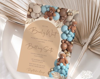 EDITABLE Bearly Wait Arch Invitation, Baby Shower Balloons Invite, Baby Boy Blue Neutral Beige, White, Cream, Tan, Brown Teddy Bear JT4554