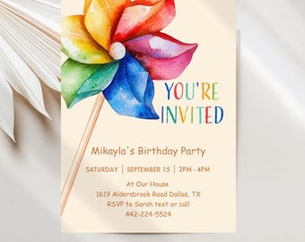 Pinwheel Birthday Invitations, Fun Colorful Digital Template Download JT2161