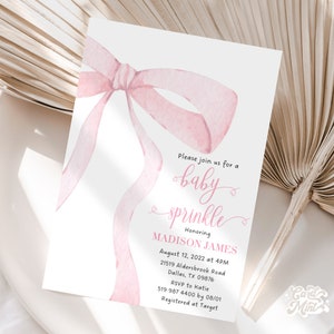 EDITABLE Pink Bow Baby Sprinkle Invitation, Baby Girl Sprinkle, Invite, Soft Delicate Pink Pastel Ribbon Digital Self Edit  JT3023 Sprinkle
