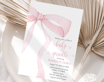 EDITABLE Pink Bow Baby Sprinkle Invitation, Baby Girl Sprinkle, Invite, Soft Delicate Pink Pastel Ribbon Digital Self Edit  JT3023 Sprinkle