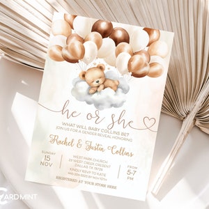 Festa di rivelazione del sesso MODIFICABILE, inviti Bearly Wait Baby Shower Palloncini nuvola Invito bambino o bambina Orsacchiotto modello digitale JP129