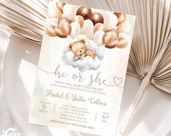 EDITABLE Gender Reveal Party, Bearly Wait Invitations Baby Shower Cloud Balloons Invite Baby Boy or Girl Teddy Bear Digital Template JP129