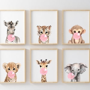 Animali che soffiano gomma da masticare rosa - Safari Stampe di gomma da masticare Arte carina per la cameretta delle bambine Arte per la cameretta dei bambini Download immediato Set di 6 8x10